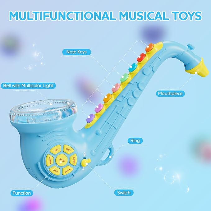 Contixo KT1 Toy Saxophone, Blue Digital Saxaboom, Trumpet, Clarinet with Light & Sound, Early Education Musical Instrument Gift for Toddlers Kids Girls Boys