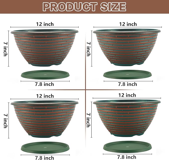 Quarut Large-Planter-Indoor-Outdoor Plant Pots, 12 inch 4 Pack Flower Pots with Saucer and Drainage Holes, Modern Planters for Planting Medium Large Plants,Decorative Resin Garden Pots(Brown)