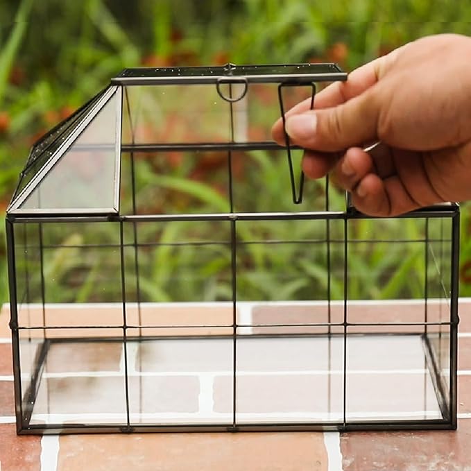 HighFree Geometric Terrarium Planter with Swing Lid, House Shape Black Handmade Glass Box, Vintage Tabletop Miniature Terrarium, for Succulent, Cacti, Air Plants (Not Watertight - 9.2x5.5x7.3 inch)