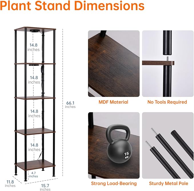 Plant Stand Indoor with Grow Light, 66" Tall Indoor Plant Shelf, 5 Tier Flower Stand with Plant Light Full Spectrum, Metal Plant Holder with Light, lighted Plant Rack for Home, Corner, Patio