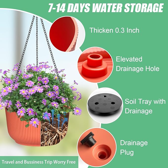 Hanging Planters for Indoor Plants, 3 Pack Plant Hanger Outdoor with Drainage Holes, Self Watering Hanging Basket Flower Pot for Garden Home Decor, 9/10/11 Inch, Orange
