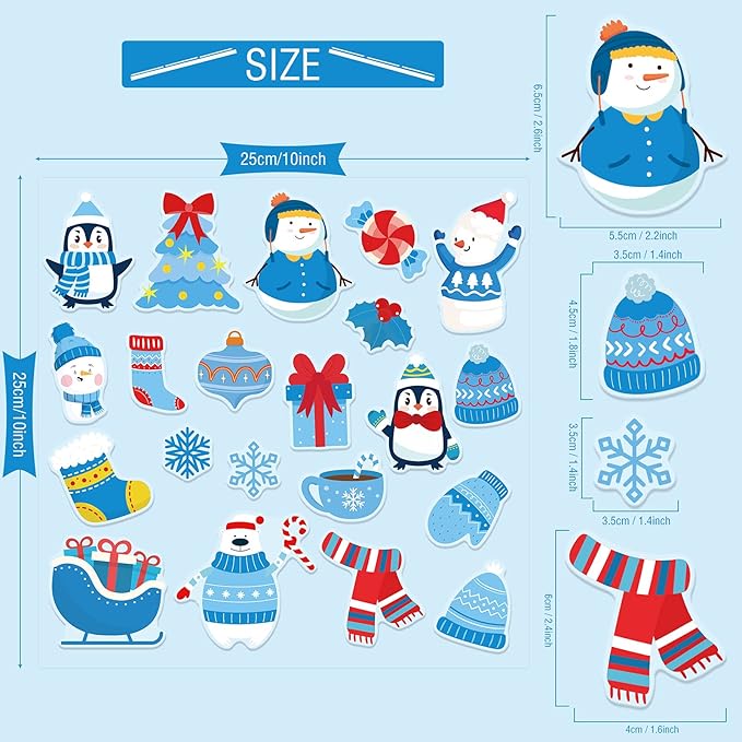 Tevxj 40 PCS Winter Thick Gel Clings Winter Christmas Window Gel Clings Decals Stickers for Kids Toddlers and Adults Home Airplane Classroom Nursery Winter Holiday Party Supplies Decorations