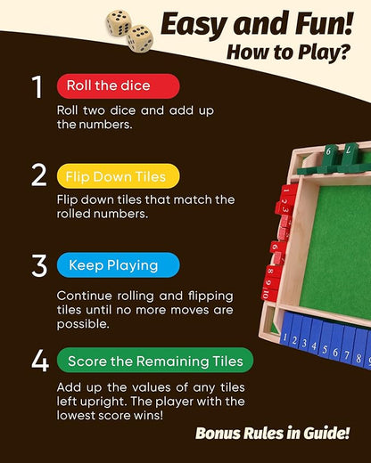 14" Deluxe Shut The Box Game, Math Dice Board Game for Travel, Wooden Table for Adult Senior, Travel Party Bar, Easy Quick and Fun, 2-4 Players