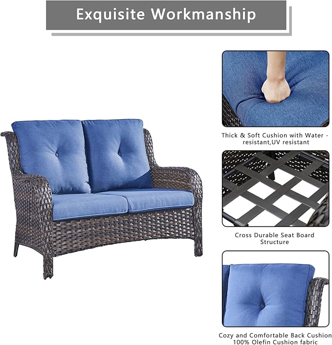 Outdoor Wicker Patio Furniture Set - 5 Piece Rattan Patio Conversation Set with 2 Rocking Swivel Chairs,2 Ottomans and 1 Loveseat for Porch Deck Backyard Garden(Brown/Blue)