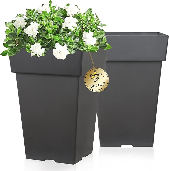 kubvici Tall Planters for Outdoor Plants, 20 Inch Movable Drainage Large Indoor Planters, Set of 2 Plastic Planters for Front Porch Door Garden Balcony Deck, Dark Gray 20"