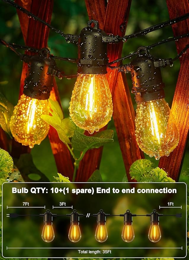 Brightown Outdoor String Lights 35FT with 10+1 Shatterproof Edison Bulbs, Waterproof Hanging Patio Lights Outside for Backyard Deck Garden Party Xmas Decor, 2700K