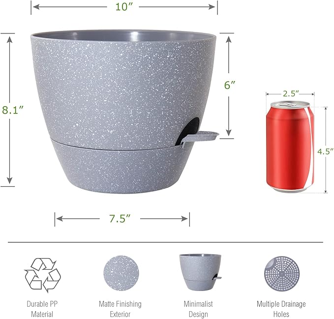 WOUSIWER 10 inch Self Watering Planters, 2 Pack Large Plastic Plant Pots with Deep Reservior and High Drainage Holes for Indoor Outdoor Plants and Flowers, Speckled Grey