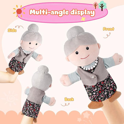 1 Pcs Family Hand Puppets 12 Inch Grandparents, Mom & Dad, Brother & Sister Plush Hand Puppet Toys Role-Play Toy Puppets for Kids Storytelling Imaginative Pretend Play Teaching Preschool(Grandma A)