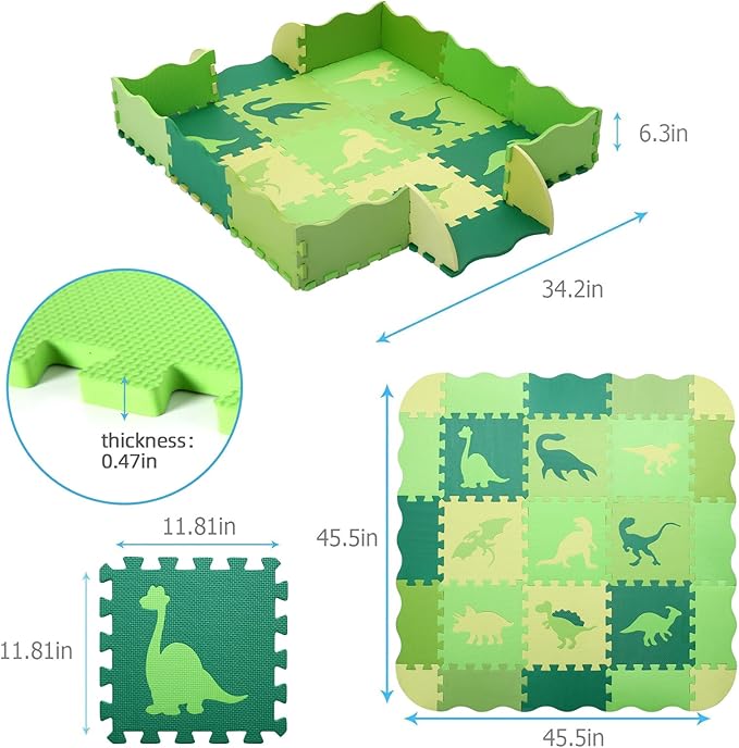 Foam Play Mat for Kids，25Pcs Square Interlocking Puzzle Floor Mat，Baby Play Mat Floor Mat Foam Puzzle Playmat for Toddlers with Fence - Green Dinosaurs