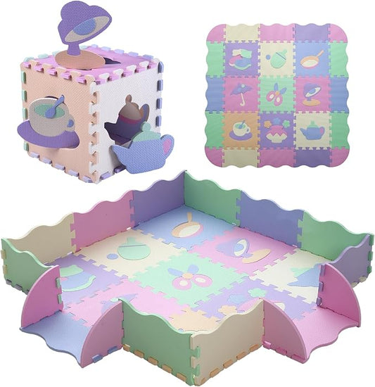 Foam Play Mat for Kids，25Pcs Square Interlocking Puzzle Floor Mat，Baby Play Mat Floor Mat Foam Puzzle Playmat for Toddlers with Fence（Mash Up-CSH023