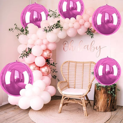 Giant 4D Foil Balloons, 6 Pcs Large Hot Pink Metallic Round Balloons, 22 Inch Big Round Hot Pink Foil Balloon for Kids Girls Prom Birthday Party Baby Shower Wedding Decorations