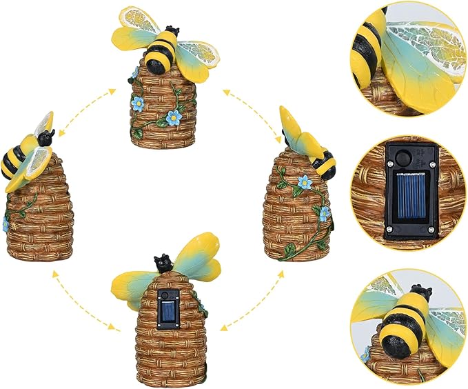 Garden Statue Bee Decor-Outdoor Statue Bees Decorations-Solar Garden Light Bumble bee Figurine Patio,Balcony,Yard,Lawn Ornament Mom Gift