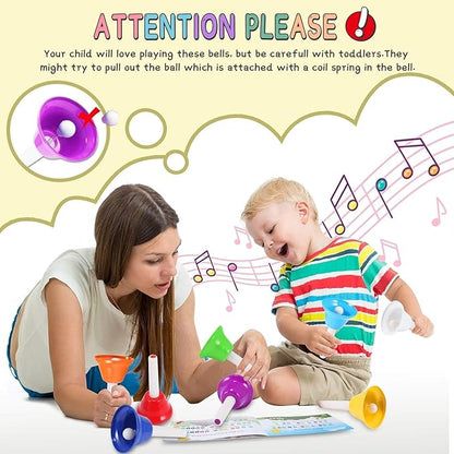 Hand Bells, 8 Note Musical Handbells Set with 17 Songbook Musical Toy Percussion Instrument for Toddlers Children Kids for Children's Day Family Activity School and Church (Multicolored)