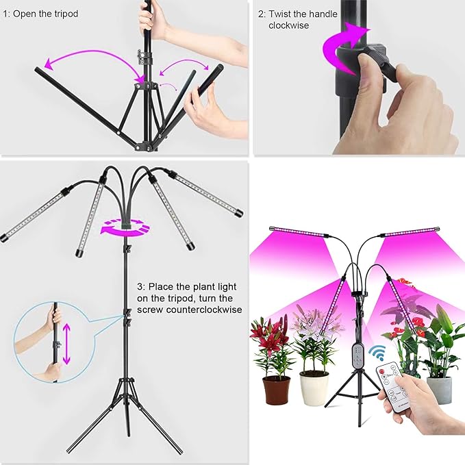 Plant Grow Light with Stand, 4 Heads Red Blue Spectrum Grow Lamps with 15-63" Adjustable Tripod Stand, 4/8/12H Timer, 3 Switch Modes, Indoor Plant Light with Remote Control