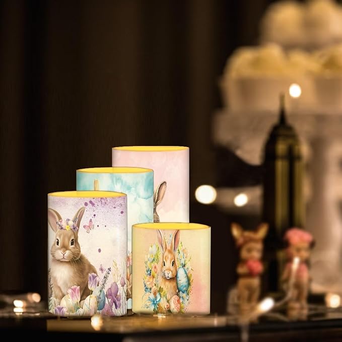 Flameless Light Candles Home Ornaments Battery Operated Candles with Color Changing Timer Remote Control Fake Pillar Candles Tealights Easter Home Decoration, Easter Bunny Colorful