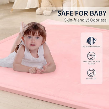 ACOMOPACK Baby Play Mat for Floor 1.3" Thick Memory Foam Play Mat 79"×157" Tummy Time Crawling with Non-Slip Bottom for Living Room,Nursery,Soft Velvet Playpen Mats for Kids,Infants（Pink）