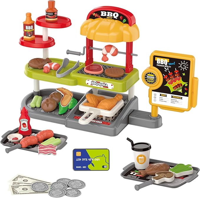 Kids BBQ Grill Play Set: Coffee, Card Reader, Cash Register, Play Food (Grilled Fish, Wings, Kebabs, Sausages), Play Money - Educational Toy Kitchen Ages 3+