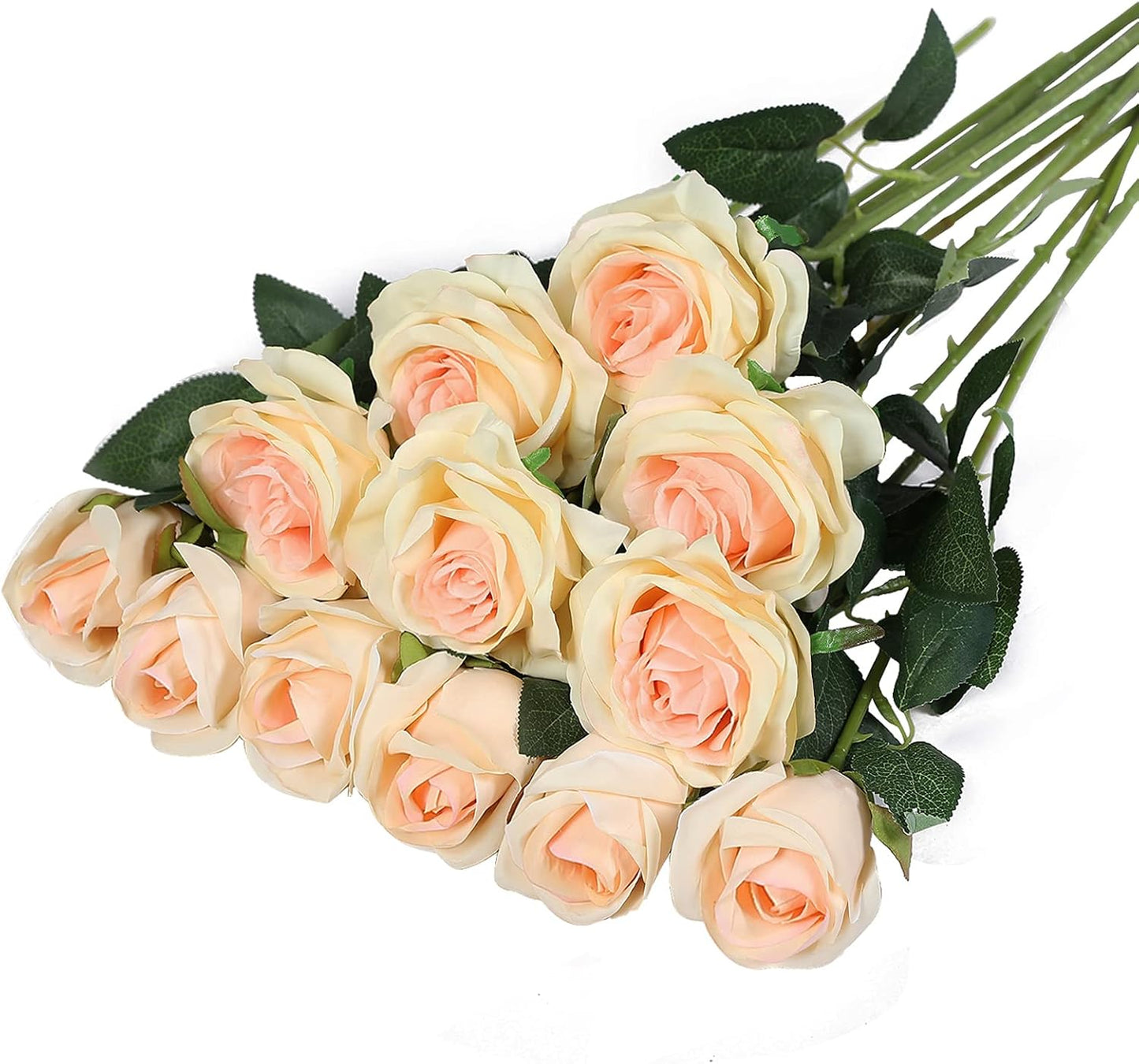 Hawesome FLORRALIA 12PCS Artificial Silk Flowers Realistic Roses Bouquet Long Stem for Home Wedding Decoration Party (Champagne 1)