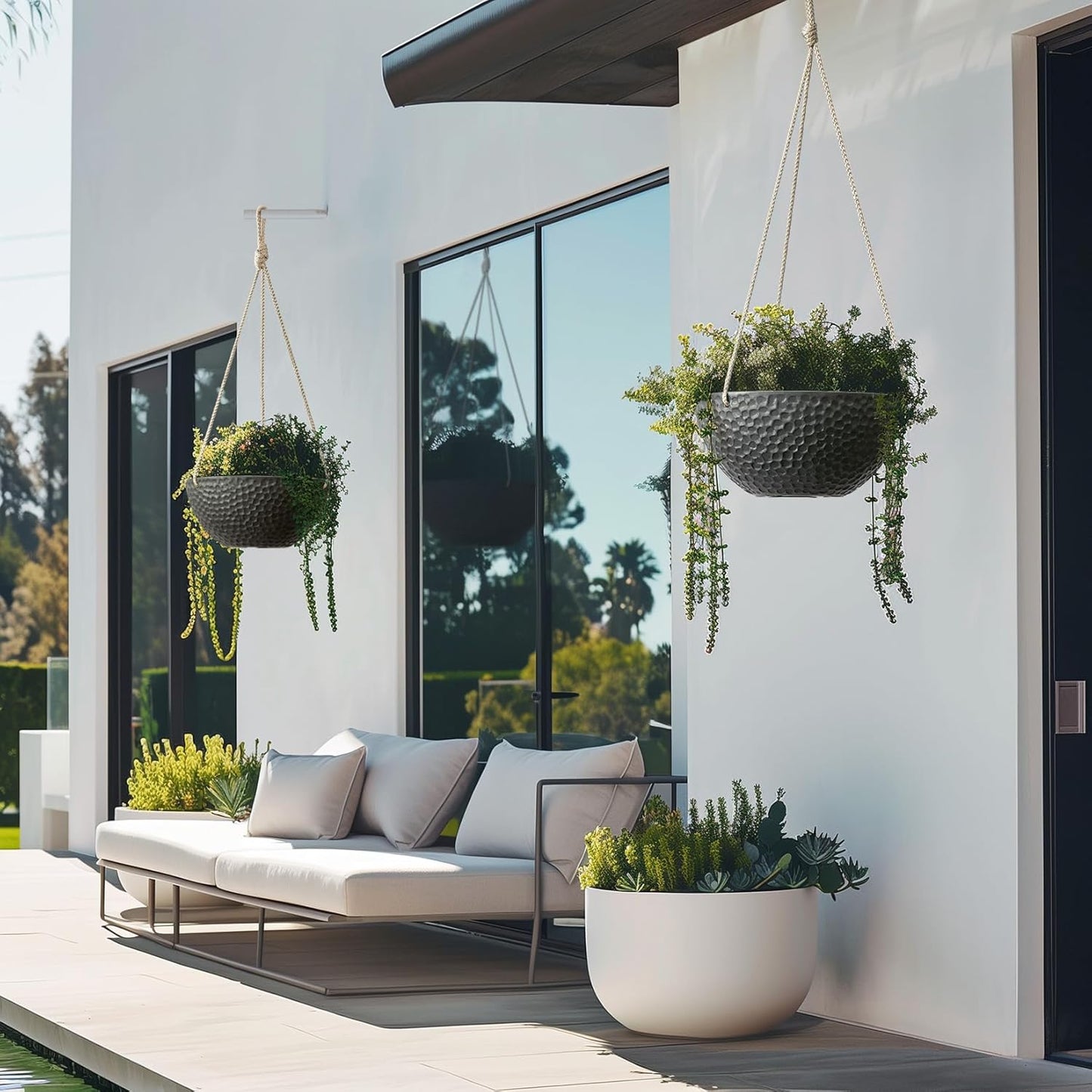 LA JOLIE MUSE Hanging Planters for Indoor Plants, Medium Hanging Planters with Drain Holes, Outdoor Hanging Flower Pots, Matte Black, Honeycomb (10 Inch, Set of 2)