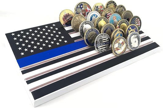 6-Row American Flag Challenge Coin Display Stand - Thin Blue Line, Holds 42-46 Coins