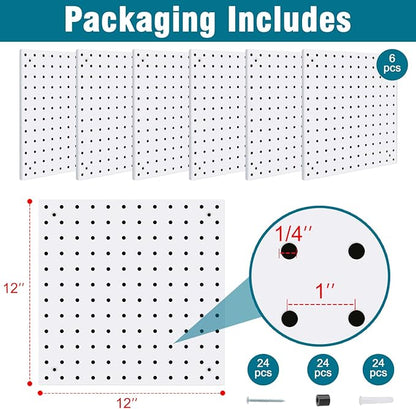 6 Pack Steel Peg Board,Universal 1/8 and 1/4 Pegboard Accessories,Ideal for Garage Tool Storage, Office Organization, Craft Room, Kitchen etc. (White, 6-12X12)