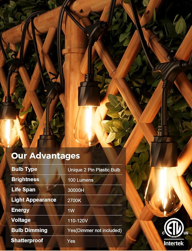 XMCOSY+ 48FT Outdoor String Lights Waterproof - LED Patio Hanging Lights for Outside Porch Backyard Gazebo Garden, Commercial Grade 16 Edison Bulbs