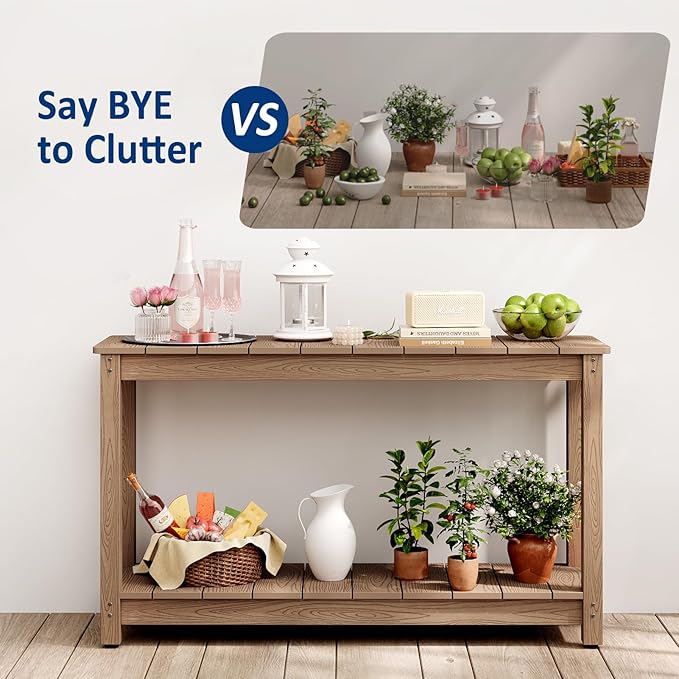 Outdoor Console Table, 48" Weather Resistant HIPS Patio Side Table, 440LBS Weight Capacity, 2-Tier Multifunctional Buffet Bar Storage Organizer for Garden Deck, Teak