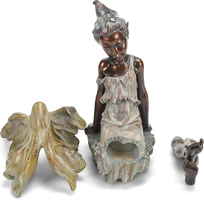 Fairy with Bird Bronze Tone 12.5 x 18 Inch Resin Stone Outdoor Garden Statue