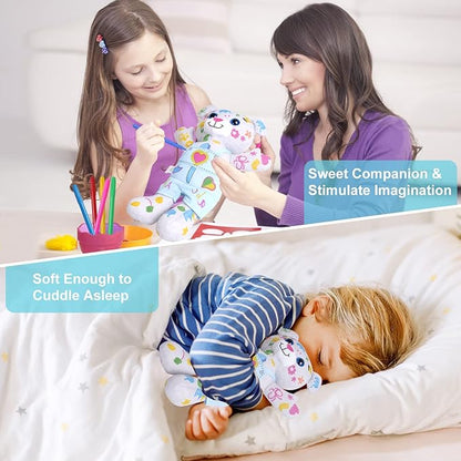 Coloring Plush Toy with 5 Washable Markers for Little Girls Doodle Dolls for Kids Ages 4-6 Birthday (Blue Bear)