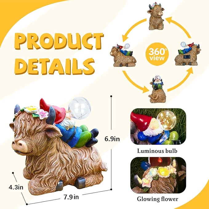 Solar Highland Cow Gnome Garden Decor Statue, Outdoor Funny Solar Light Decoration for Yard, Patio, Lawn, Unique Housewarming, Birthday Gift for Women, Mom, Grandma