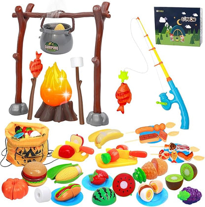 Kids Camping Toys, Mitcien Camping Set Include Pretend Campfire Play Food Fruits & Vegetables Hamburger Magnetic Fishing Toy Toddler Outdoor Adventure Educational Toys for Kids Age 3 4 5 6 + Years Old