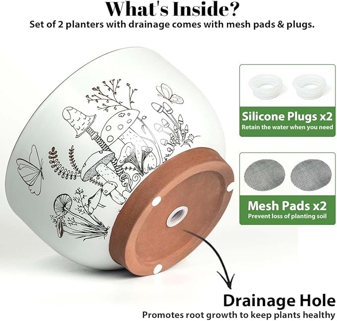 YBX 8 Inch & 6 Inch Terracotta Pots, Plant Pots Indoor, Flower Pots for Indoor Plants with Drainage, Planters with Mushroom Accent for Indoor Plants (Cottage)