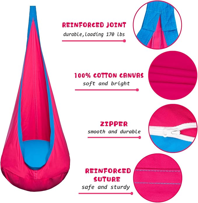 Kids Pod Swing Hanging Seat Child Hammock Chair Indoor and Outdoor Sensory Swing 100% Cotton Loading Capacity 170 lbs (Pink)