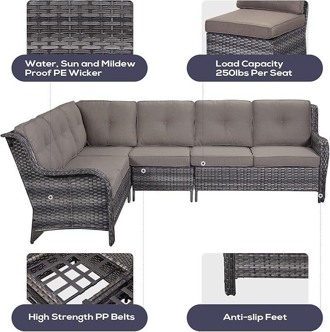 Outdoor Furniture Sectional Sofa L Shaped Couch - Patio Wicker Set with 2 Swivel Glider Chairs, 5 Piece Rattan Patio Conversation Sets with Gray Cushion for Deck Backyard Sunroom