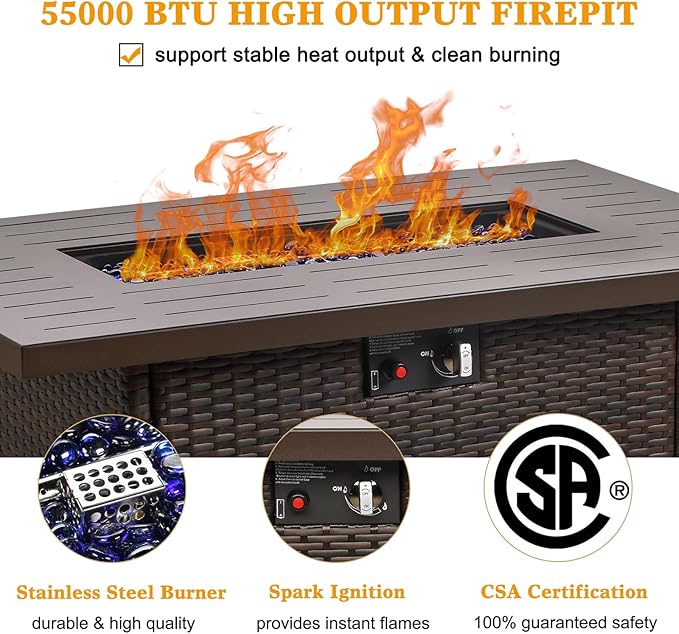 LayinSun 44" Propane Gas Fire Pit Table, 55000 BTU Rectangular Fire Pit with Glass Wind Guard for Outside Patio Deck Garden Backyard Brown-Aluminum Top