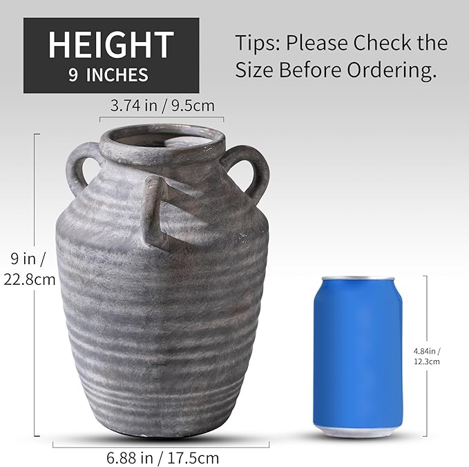 Grey Terracotta Ceramic Vase with Handles, Vintage Rustic Pottery Vases for Table Centerpiece, Cottage Core Home Decor, Large Flower Vases for Bouquet Entryway Mantel Bookshelf Living Room 8.9 Inch