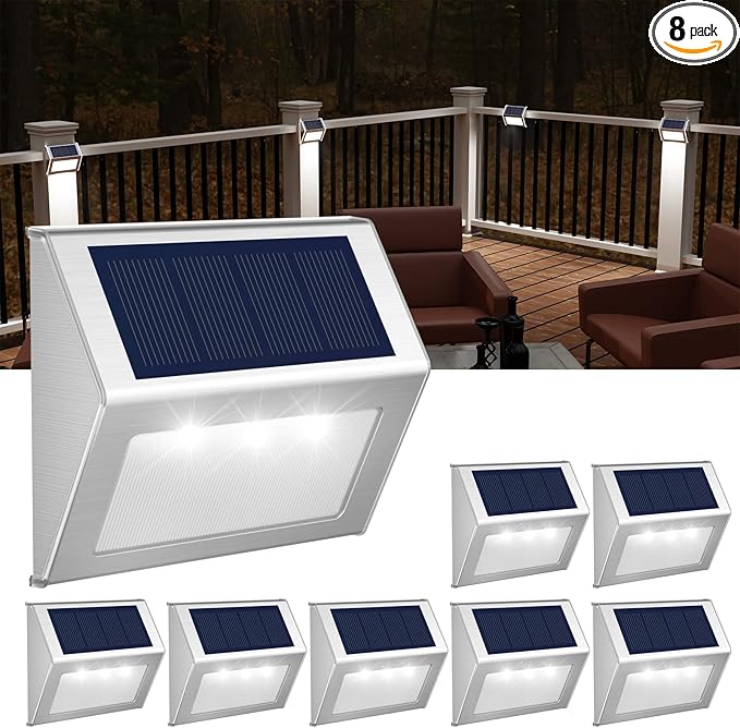 JSOT Solar Lights Outdoor for Deck,Waterproof Solar Garden Lights Decorative Outside Lamp for Walkway,Fence Post,Backyard,Railing,Wall,Pool,Step,Stairs 8 Lights Cool White