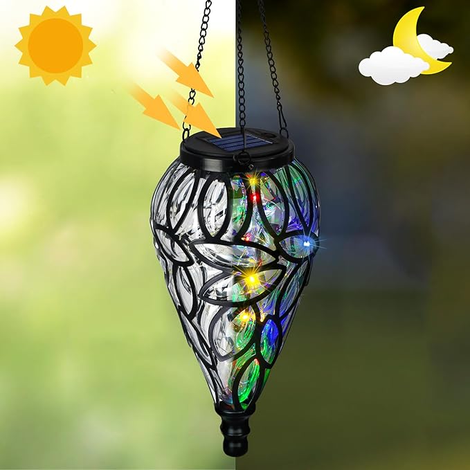Outdoor Plastic Solar Hanging Lantern, 15 Multi Color LEDs Twinkle Effect Tear-Shaped Hanging Lantern Decor Garden Decorative Solar Lights for Backyard, Patio and Lawn