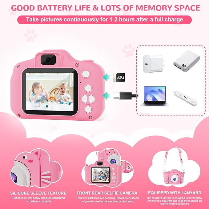 Kids Camera, Toys for Ages 3-7, Camera for Kids, Present for 3 Years+ Old Girls, Kids Camera with Cute Silicone Sleeve, 1080p Video Recording, Multi-Frame & Filter, Girl Toys, Pink