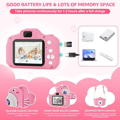 Kids Camera, Toys for Ages 3-7, Camera for Kids, Present for 3 Years+ Old Girls, Kids Camera with Cute Silicone Sleeve, 1080p Video Recording, Multi-Frame & Filter, Girl Toys, Pink