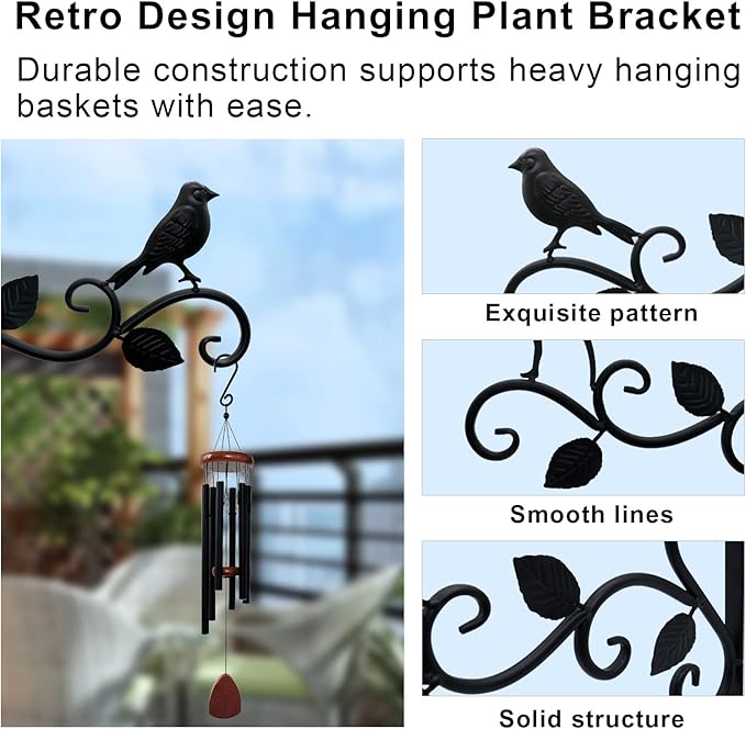 Hanging Plants Bracket 12" Bird Planter Outdoor Hooks Hangers for Flower Baskets Pot Bird Feeder Wind Chimes Lanterns Patio Garden Outdoor Indoor Metal Black, 4 Packs