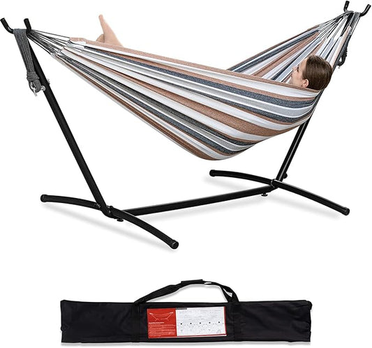 PNAEUT Double Hammocks with Stand for Outside, Portable Space Saving Heavy-Duty Steel Stand for Indoor Outdoor Patio with Carrying Bag, 450 lbs Capacity (Coffee)