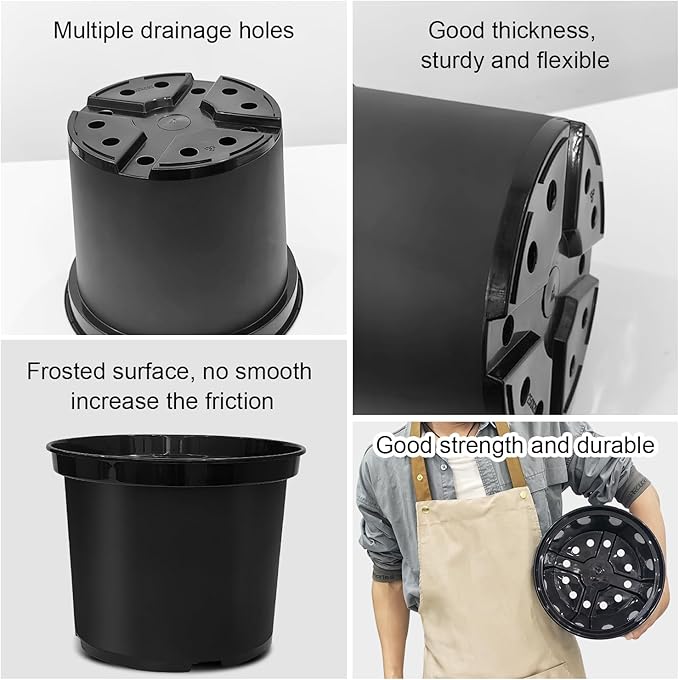 5 Gallon Nursery Pots, 12 Inch Thickened Plant Pots with Drainage Holes, Plastic Round Flower Pots for Outdoor Indoor Plants (6-Pack, Black)