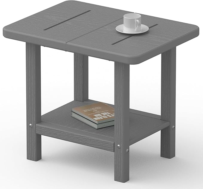 Outdoor Side Table - 2-Tier Storage All Weather Outdoor End Table for Patio - HDPE Morden Easy Maintenance Adirondack Side Table for Pool Porch Balcony Garden Lawn Backyard Outside Indoor