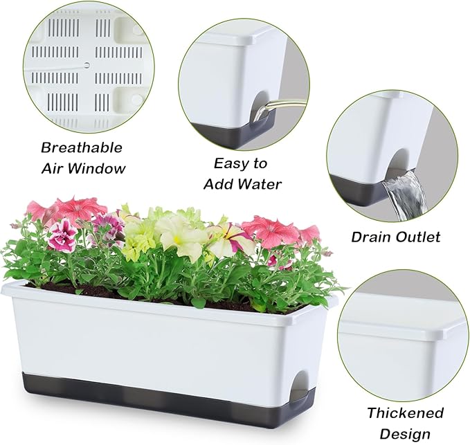 Window Box Planter 8 Pcs, 17 Inches Rectangle Flower Pots with Drainage Holes and Trays, Vegetable Planters for Windowsill Patio Garden Balcony Home Porch Yard Indoor Outdoor (White)
