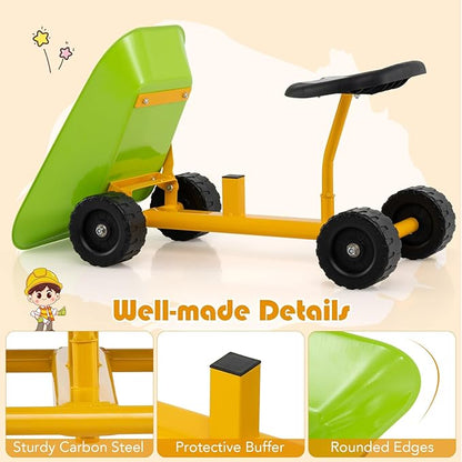 Costzon Kids Ride-on Sand Dumper, Children Outdoor Sandbox Toy w/Ergonomic Handle & 4 Wheels, Heavy Duty Steel Digging Metal Garden Play Tool for Boys Girls, Kids Wheelbarrow (Light Green)
