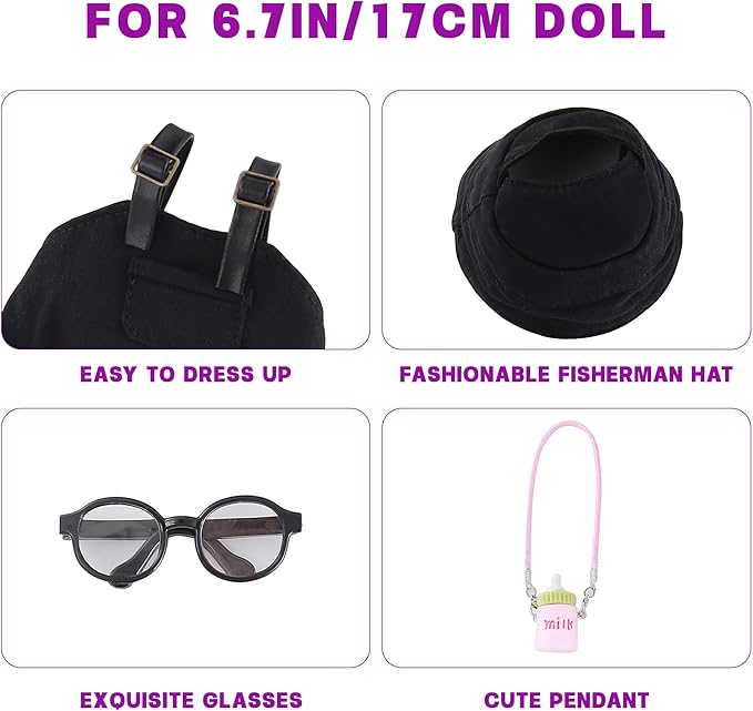 4-Piece 17cm Doll Clothes Set Clothes for Dolls Black Overalls, Fisherman Hat, Glasses & Pendant – 17cm Doll Overalls Accessories Only