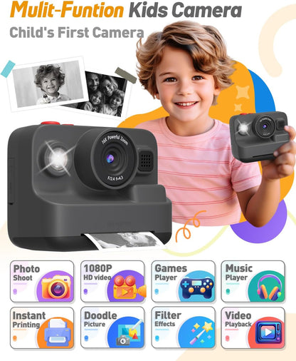 Kids Camera Instant Print, Christmas Birthday Gifts for 3-12 Year Old Boys Girls, 2.4in Screen 1080P Kids Digital Camera Toys for Kids Age 3 4 5 6 7 8 9 10 with 3 Rolls Print Paper 32G Card