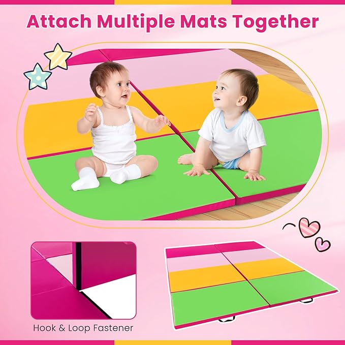 Giantex 4'x10'x 2" Gymnastics Mat, 4-Panel Folding Aerobics Exercise Mat w/Hook & Loop Fastener, Carrying Handle, Portable Tumbling Mat for Stretching Yoga Cheerleading Martial Arts