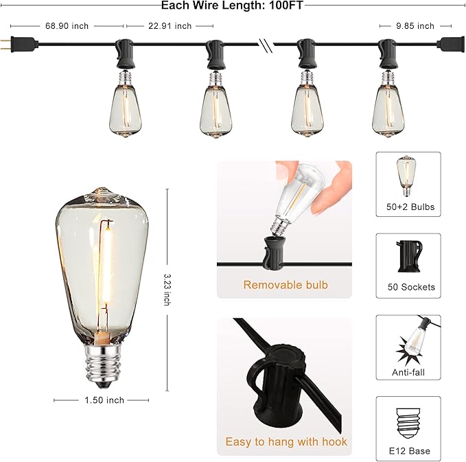 DAMAING Outdoor String Lights LED 100 FT Patio String Lights,52 ST38 Shatterproof Edison Style LED Bulbs,Vintage Plastic Outdoor Lights Waterproof for Bistro Gazebos Backyard Balcony Porch.